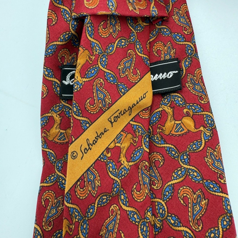 Salvatore Ferragamo Silk Necktie Red Blue‎ Yellow Deer Paisley Italian Men